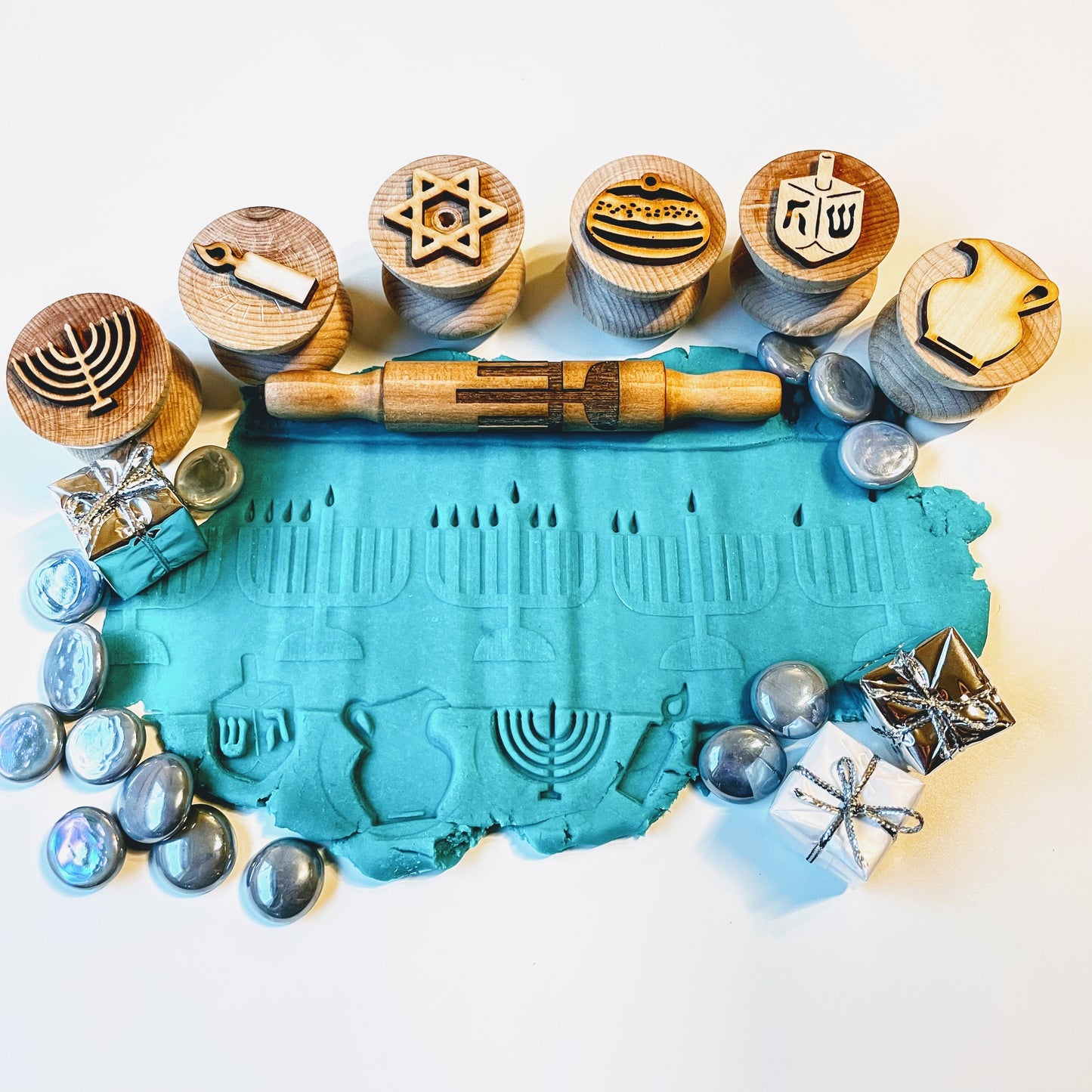 Wooden Menorah Roller with Built-In Flame Stamp || 5" Laser Engraved Texture Roller